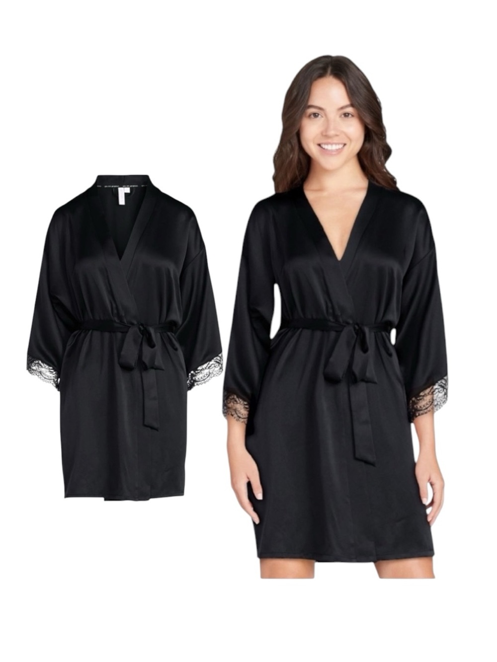 Joyspun Women's Black Satin Kimono Robe with Lace Trim